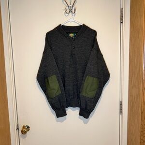 Vintage Cabelas 1/4 Button Wool Sweater Olive Green Mens Med Elbow Patches USA